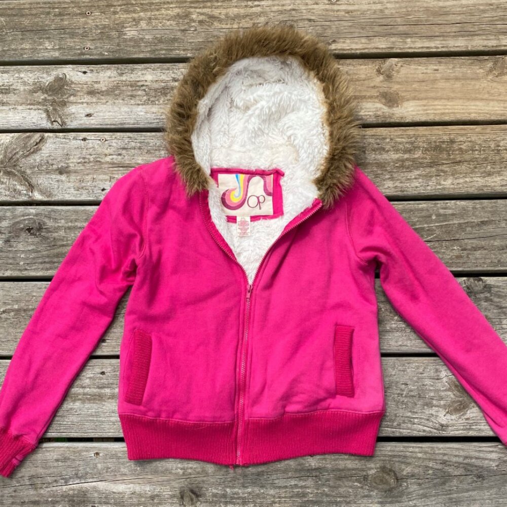 Ocean Pacific OP Juniors Large Hoodie Faux Fur Full Zip Sherpa Lined Thumb Holes